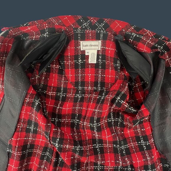 VTG Karen Steven Women 4 Skirt Suit Red Plaid Jacket Black Pleated Skirt 90s USA - Picture 7 of 14